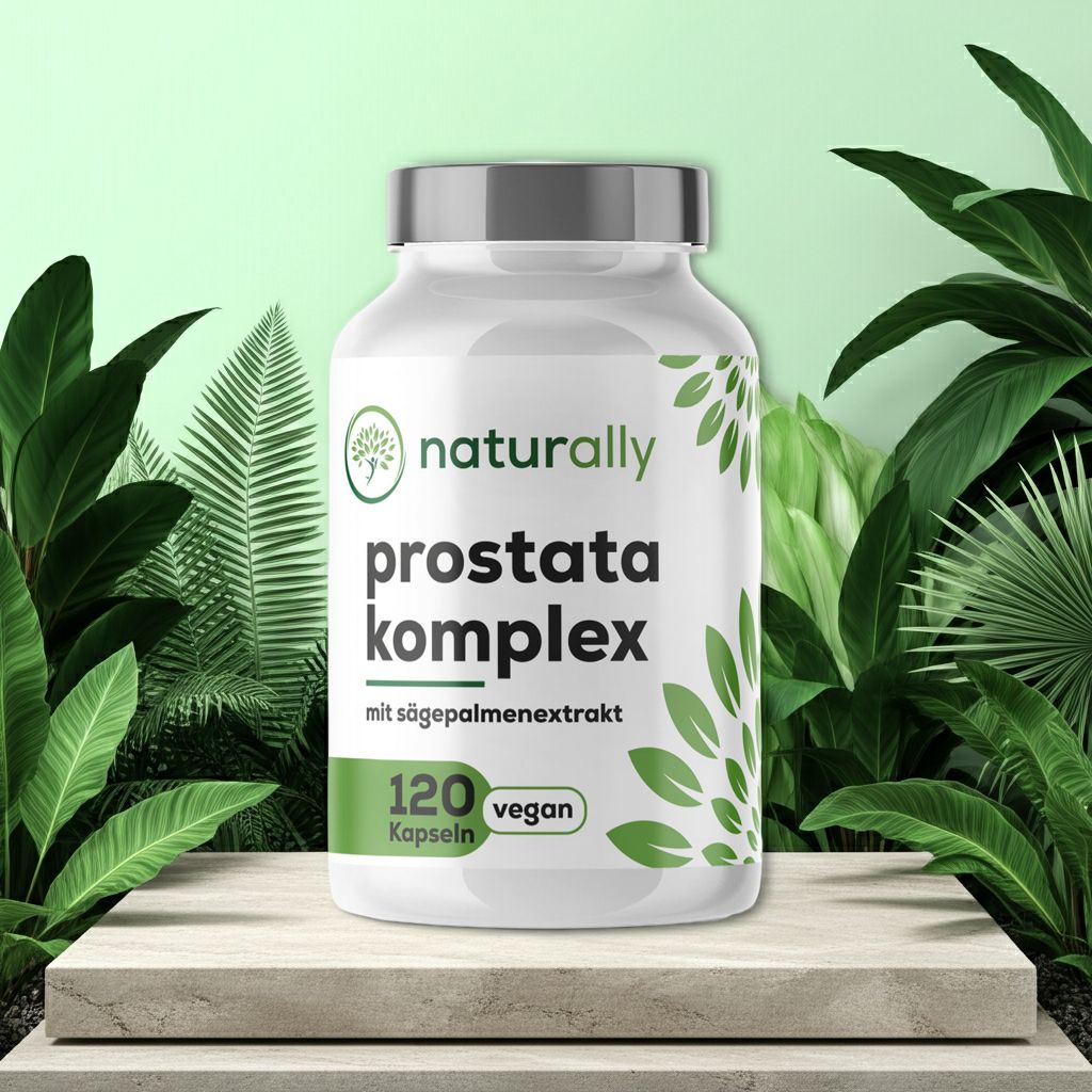 Weiße Flasche mit grünem Etikett. Aufschrift: naturally Prostata Komplex, 120 Kapseln, vegan. Auf Podest mit Pflanzen.