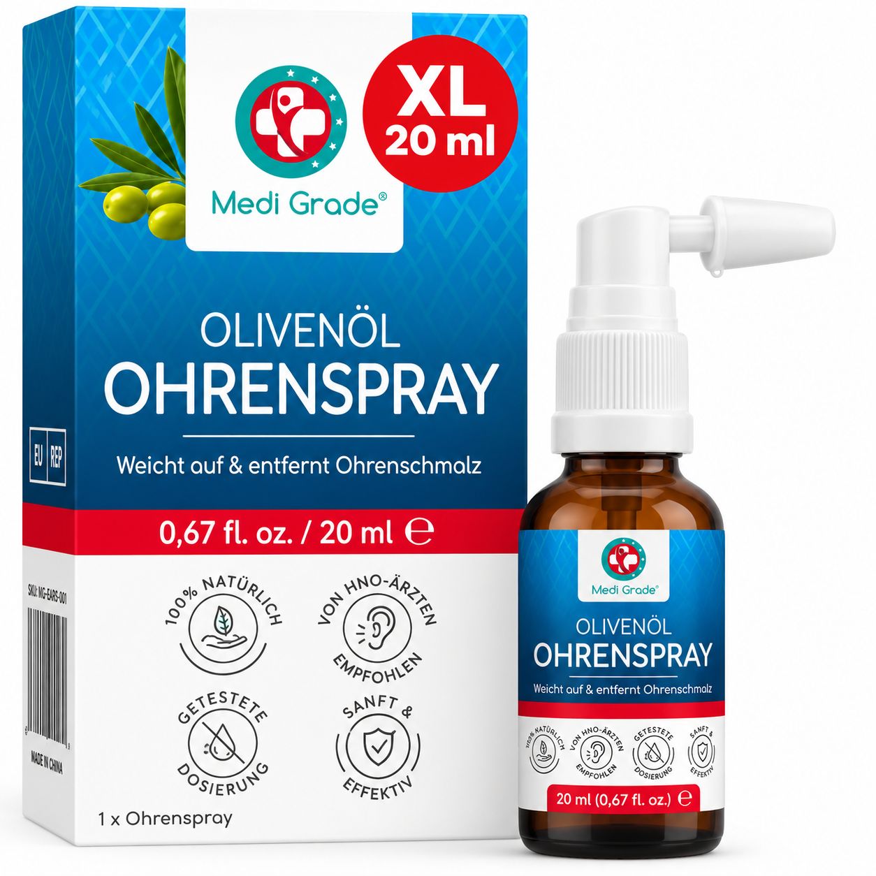 Medi Grade Olivenöl Ohrenspray 20ml Flasche und Verpackung.
