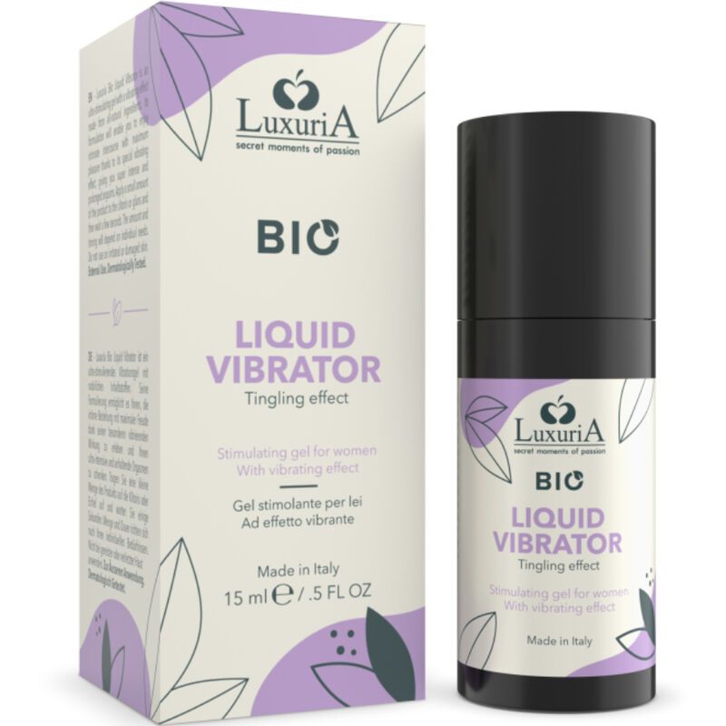 Zwei Produkte: Eine Flasche und eine Schachtel. Aufschrift: LuxuriA, BIO, Liquid Vibrator, Tingling effect. Hergestellt in Italien.
