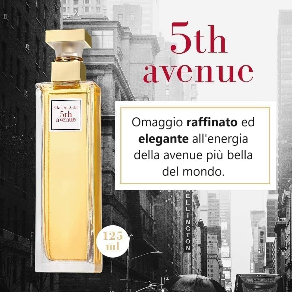 Parfümflasche vor einem Stadtbild. Auf dem Etikett steht "5th avenue".