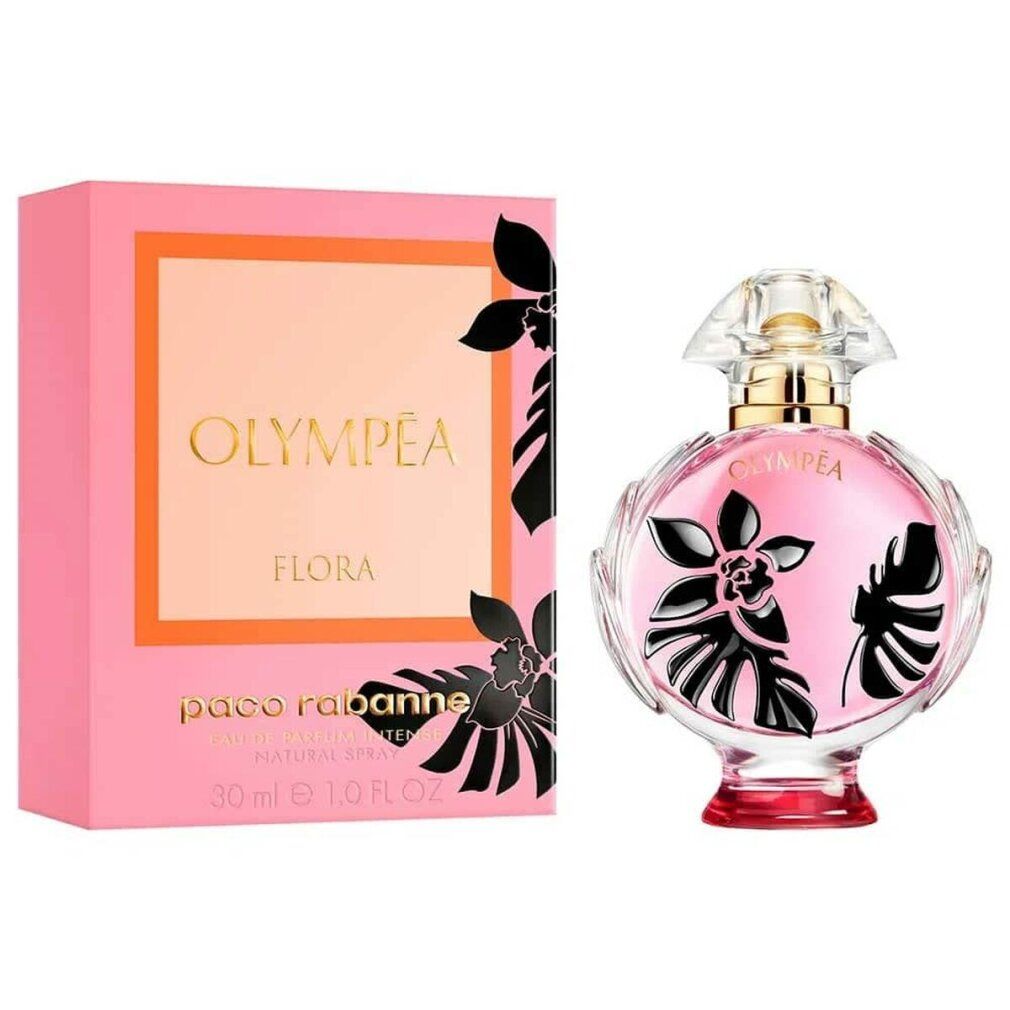 Rosa Flakon und Verpackung. Aufschrift OLYMPÉA FLORA. Schwarze Blumenmuster. 30 ml. Natürliches Spray.