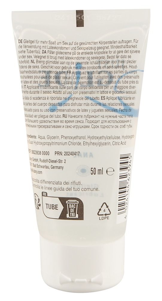 Rückseite einer Tube mit Text. Medizinische Gleitgel. Medical lubricant. Inhaltsstoffe. 50 ml.