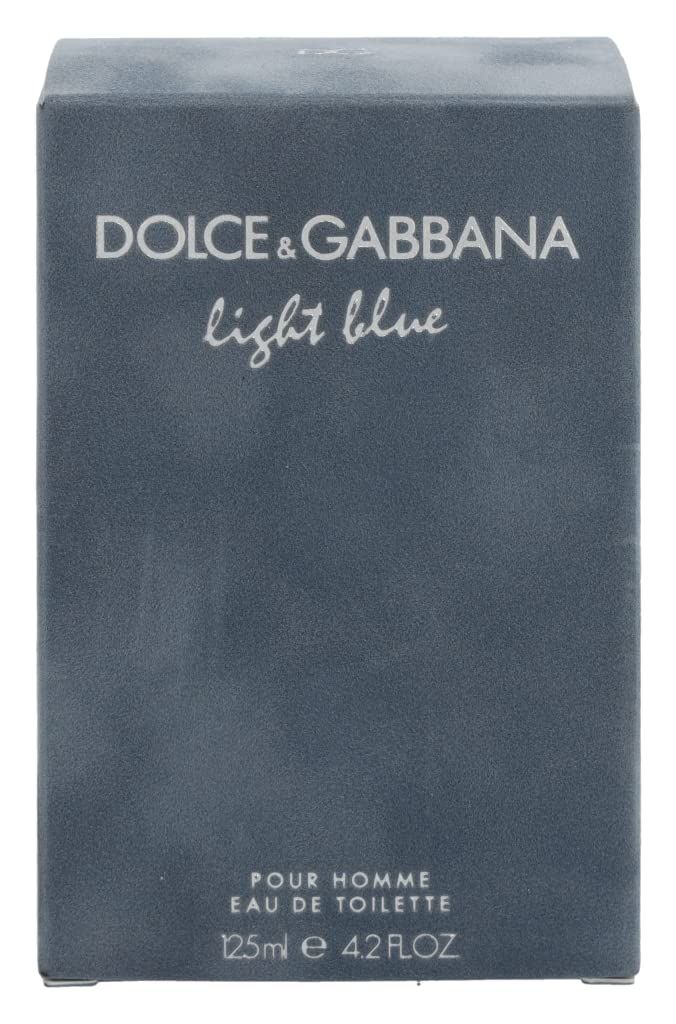 Hellblaue rechteckige Schachtel. Aufschrift: DOLCE & GABBANA light blue POUR HOMME Eau de Toilette.