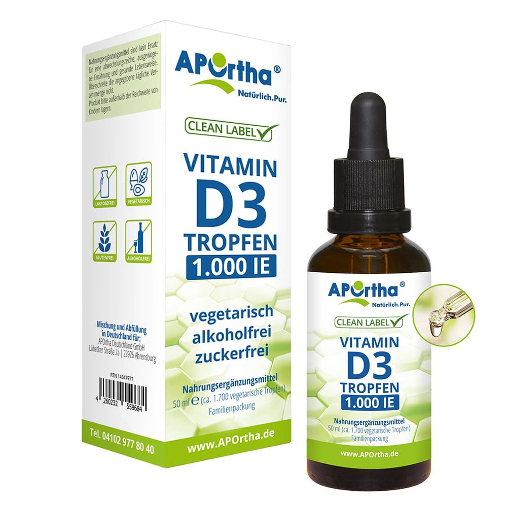Braune Glasflasche und Schachtel mit Produktinformationen. Tropfflasche mit schwarzem Verschluss. Aufschrift: Vitamin D3 Tropfen 1.000 IE.
