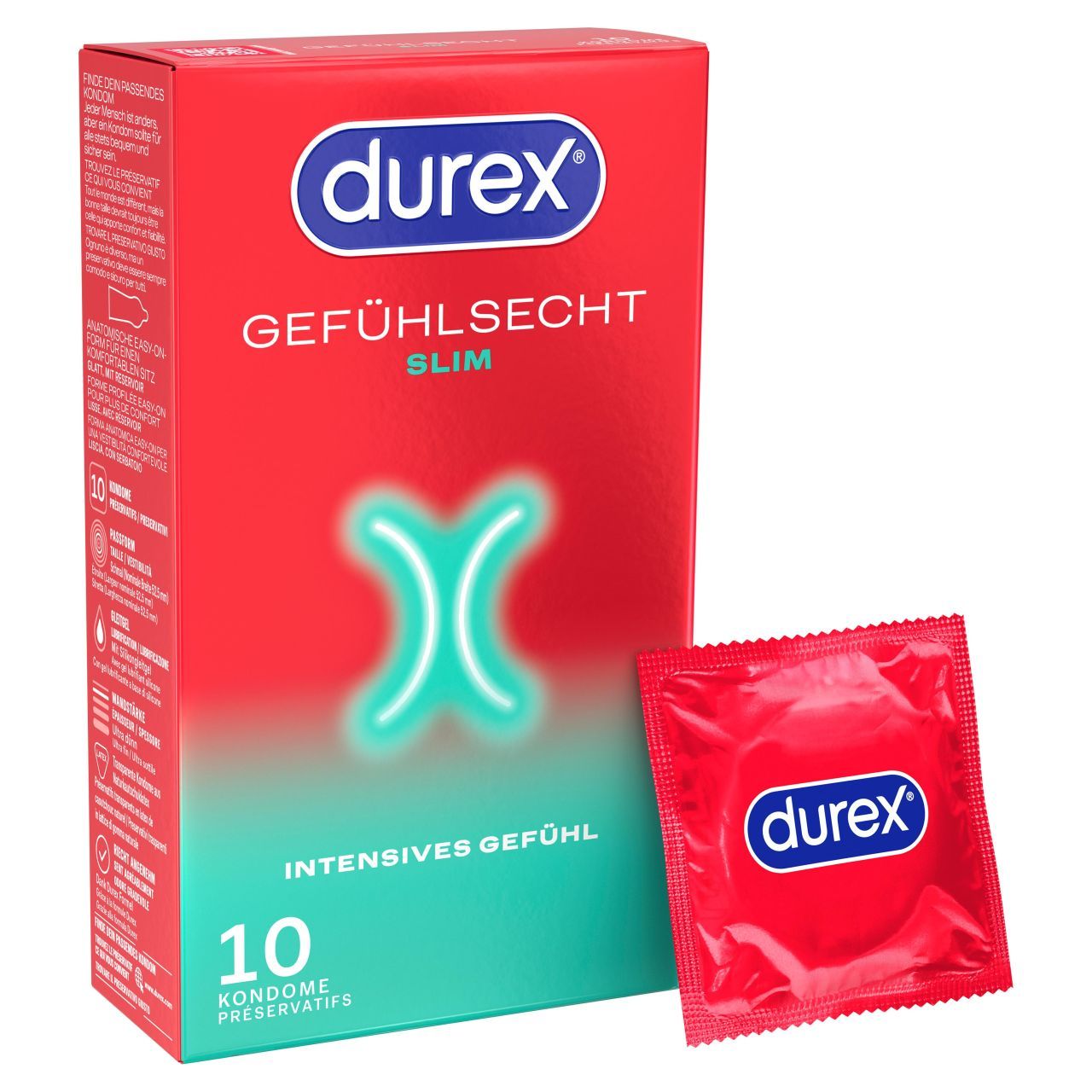 Durex Gefühlsecht Slim Fit Kondompackung (10 Stück) mit Einzelkondom.