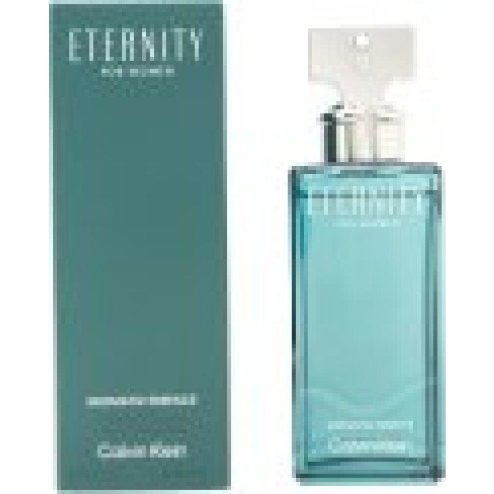 Türkisfarbener Flakon und Schachtel. Aufschrift: Eternity for Women, Aromatic Essence, Calvin Klein. Silberner Verschluss.