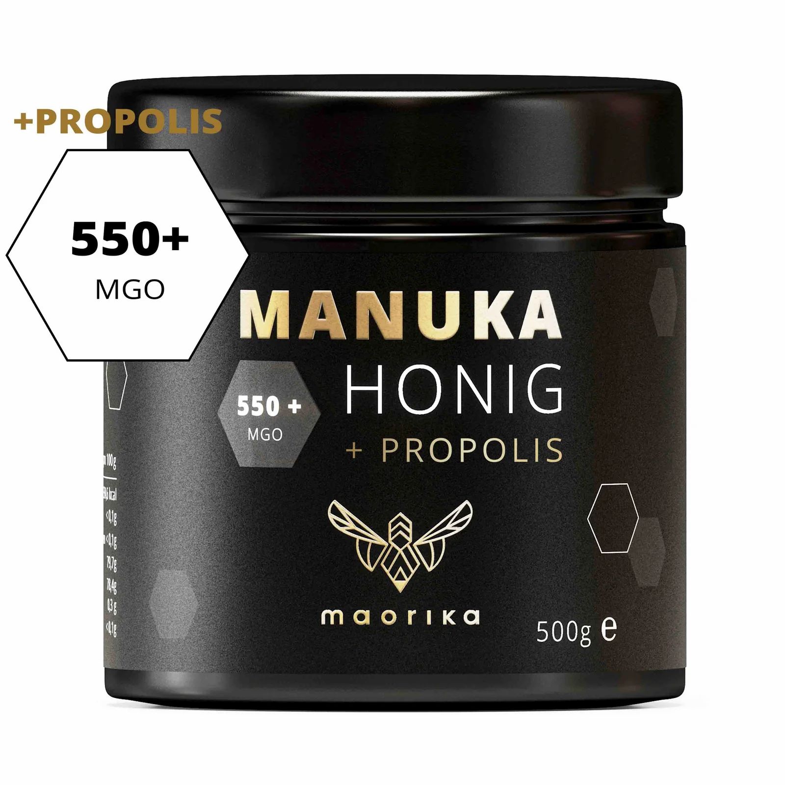 Schwarzes Glas mit "MANUKA HONIG + PROPOLIS", 550+ MGO. Hexagon-Logo und "maorika".