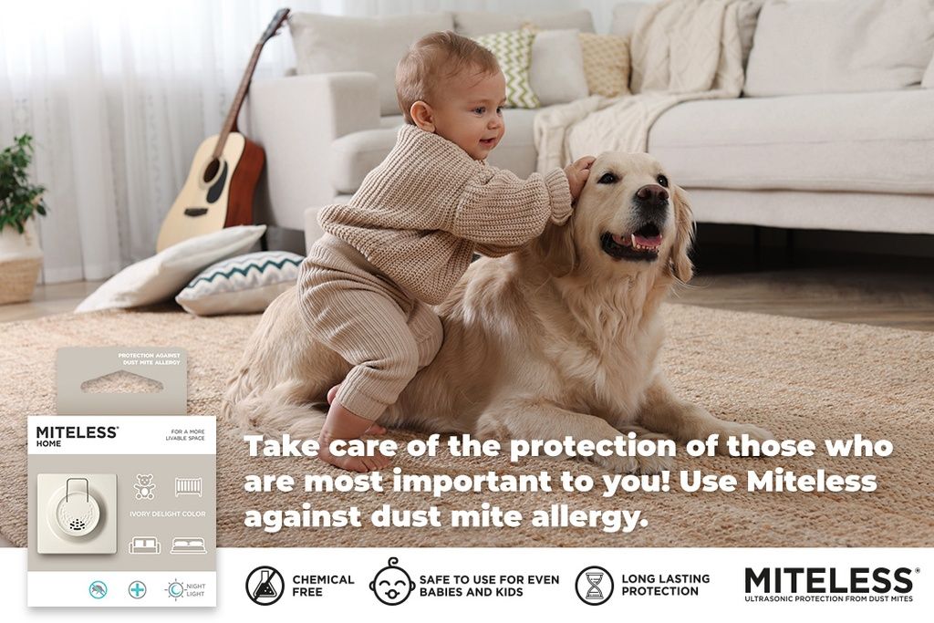 Kind und Hund auf Teppich. Produktverpackung gegen Hausstaubmilben im Bild.