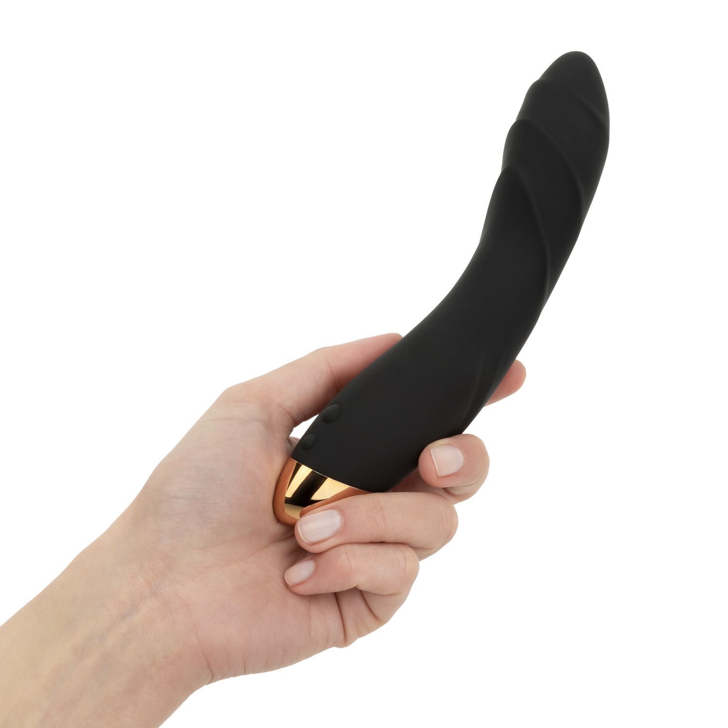 Schwarzer G-Punkt-Vibrator mit goldfarbenem Ende, gehalten in einer Hand. Der Vibrator hat eine geschwungene Form.