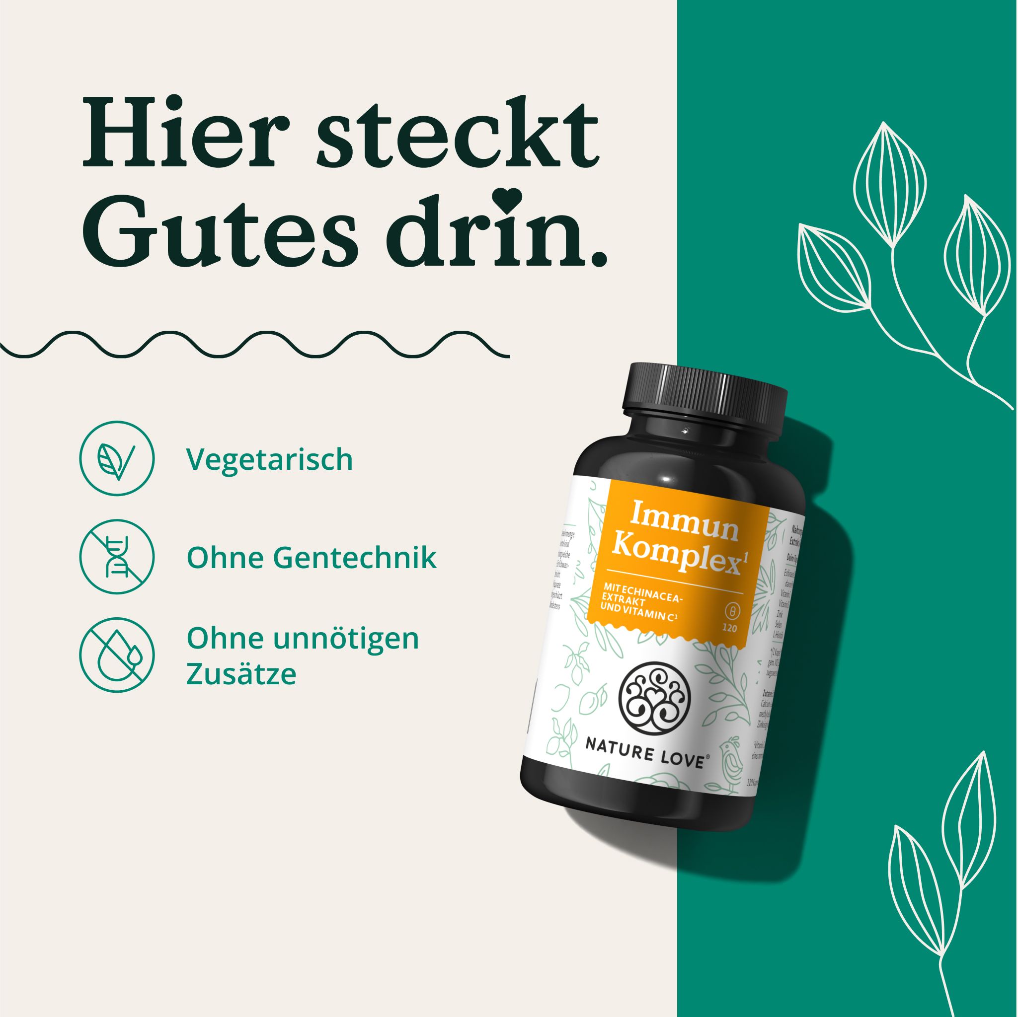 Schwarze Flasche mit gelbem Etikett. Aufschrift: Immun Komplex. Text: Vegetarisch, ohne Gentechnik, ohne Zusätze. Marke: NATURE LOVE®.