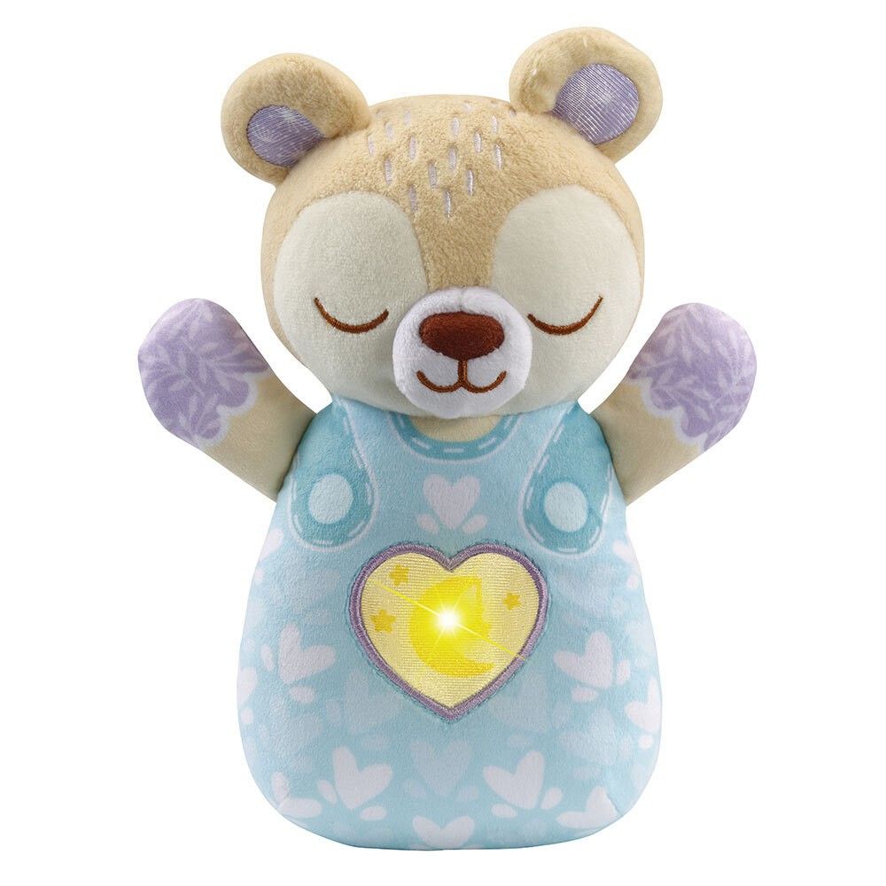 Beige Stoffbär mit geschlossenen Augen, blauem Kleid mit Herz. Leuchtendes Herz. VTech.