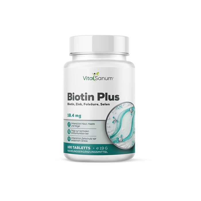 VitaSanum® Biotin Plus Flasche. Weiße Flasche mit Etikett. Aufschrift: Biotin Plus, Zink, Folsäure, Selen. 100 Tabletten. 18,4 mg.