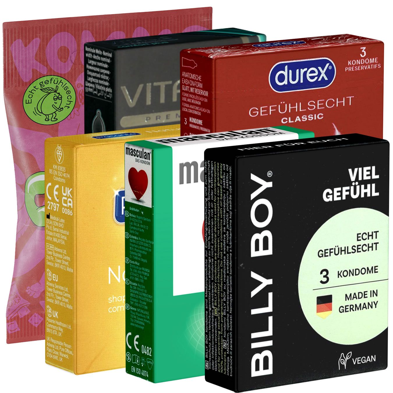 Mehrere Kondom-Verpackungen, darunter Durex, Billy Boy und Masculan. Verschiedene Farben und Designs. Einige Packungen enthalten 3 Kondome.
