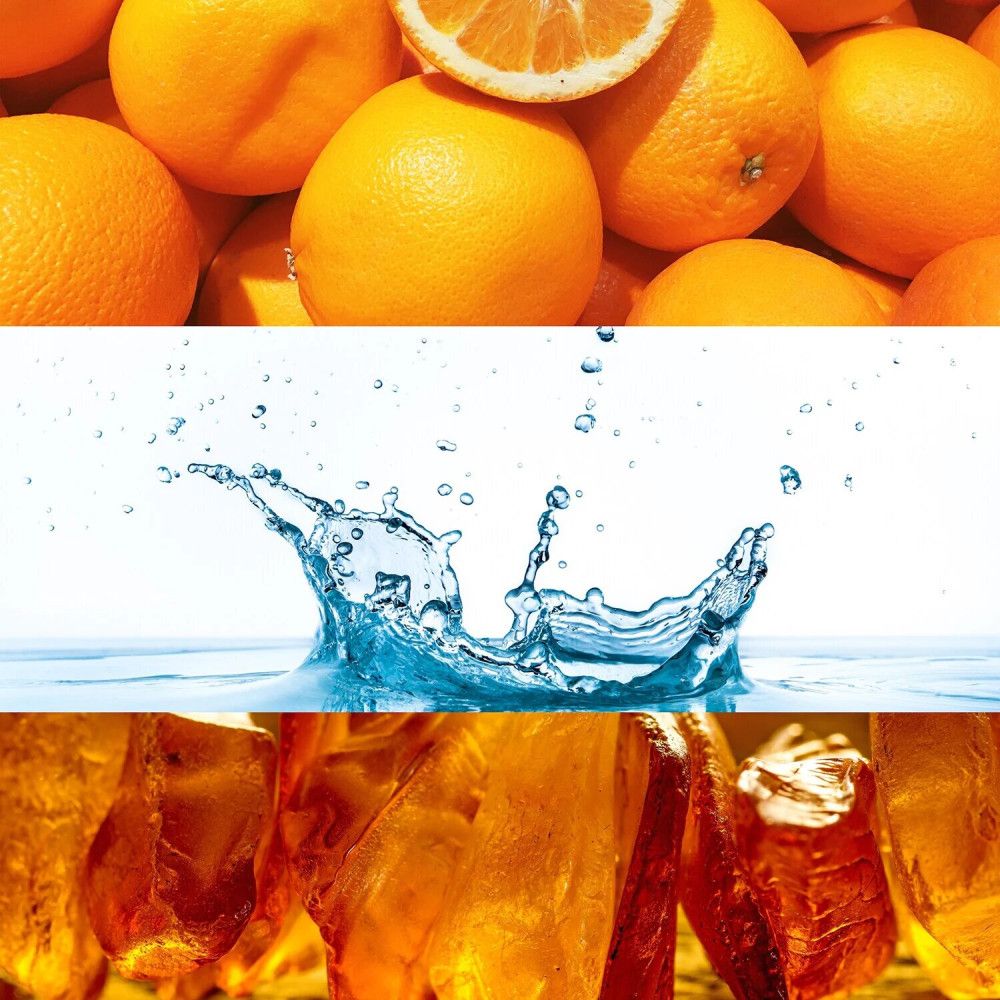 Drei horizontale Streifen: Orangen, Wasserspritzer, bernsteinfarbene Kristalle. Natürliche Elemente.