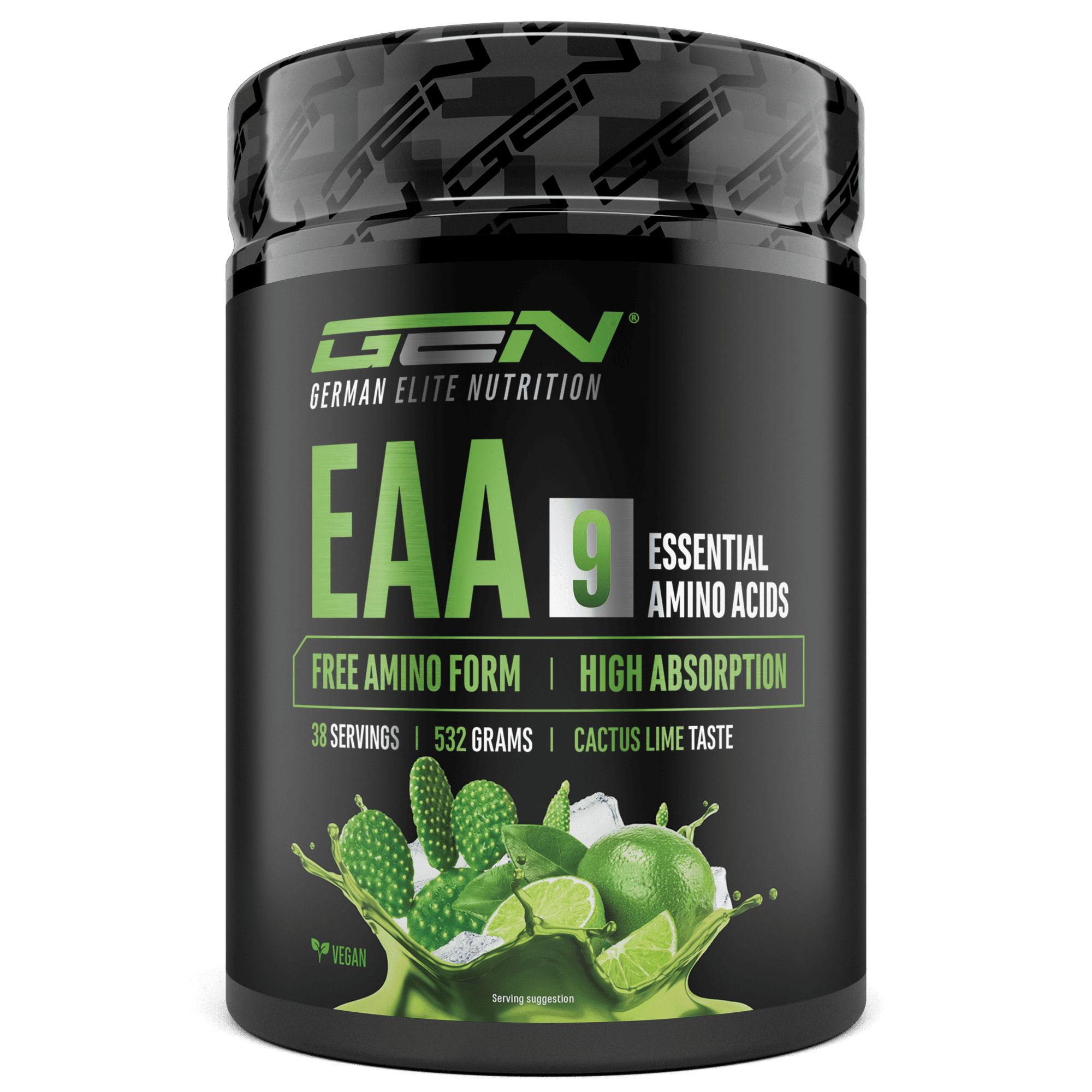 GEN EAA 9 Dose. Schwarze Dose mit Produktinformationen. Enthält 38 Portionen, 532 Gramm. Kaktus-Limette Geschmack. Vegan.