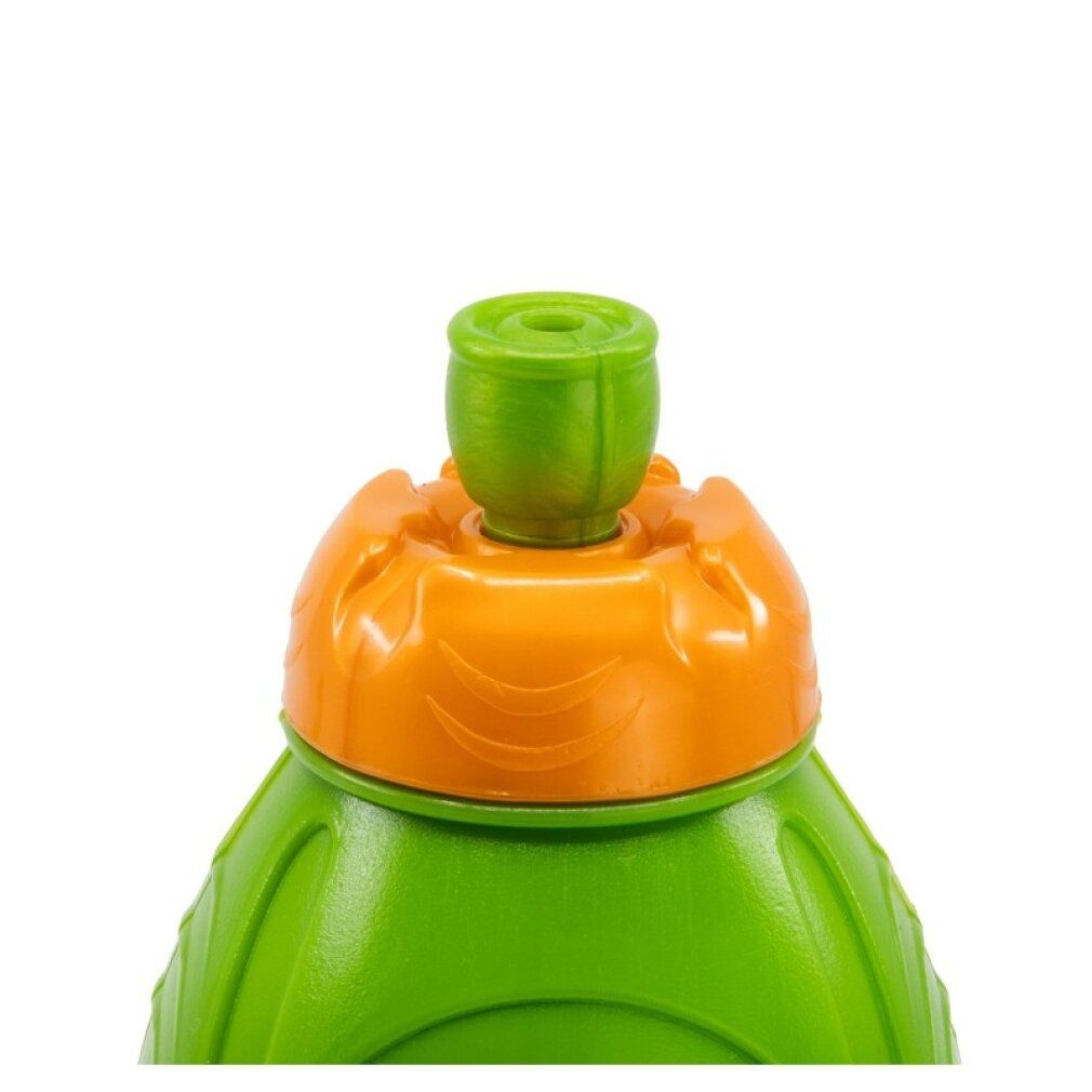 Grüne und orangefarbene Sportflasche. Der Deckel hat eine grüne Öffnung und einen orangefarbenen Verschluss.