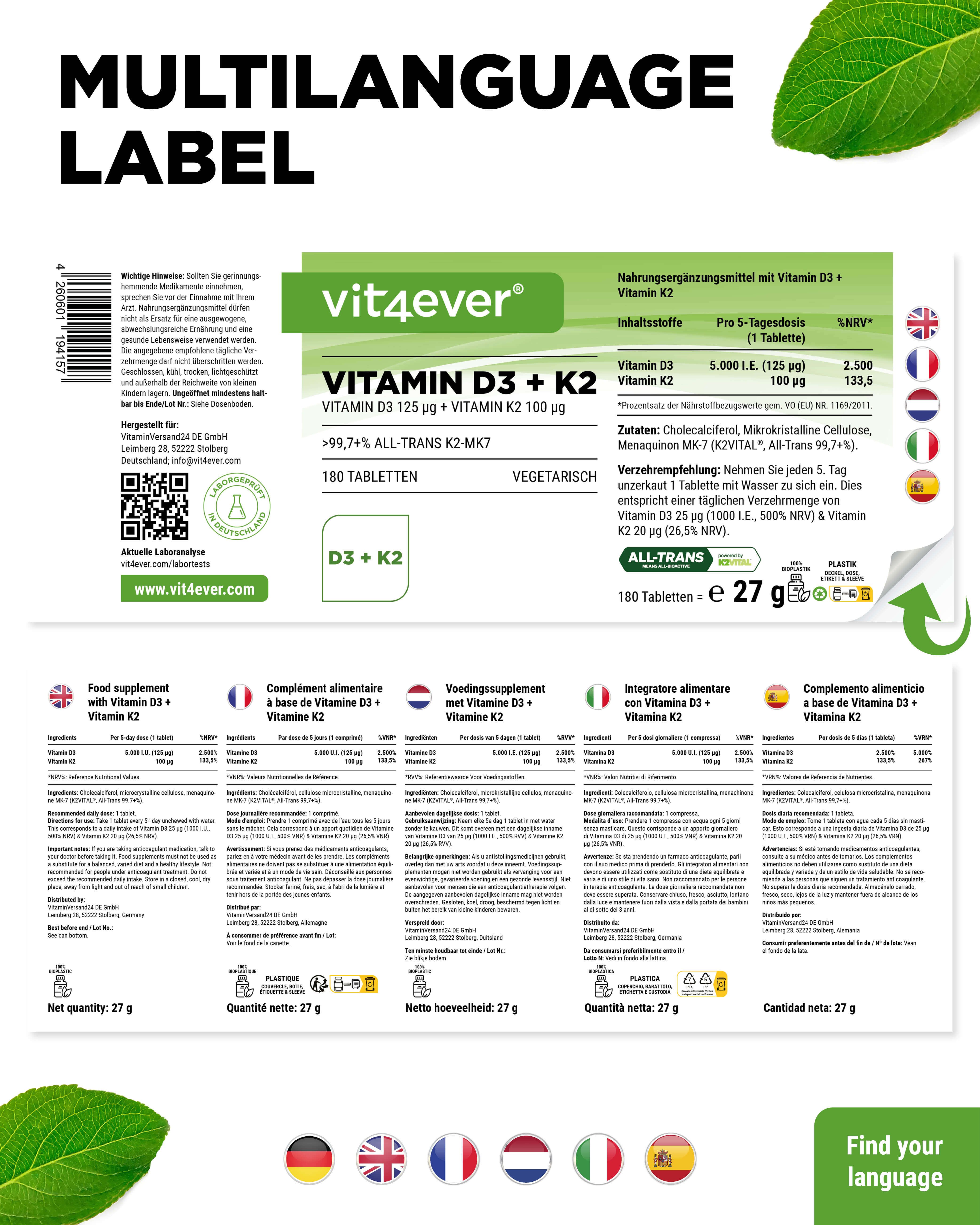 Etikett vit4ever Vitamin D3 + K2. Mehrsprachige Texte. Nährwertangaben. 180 Tabletten, vegetarisch. Find your language.