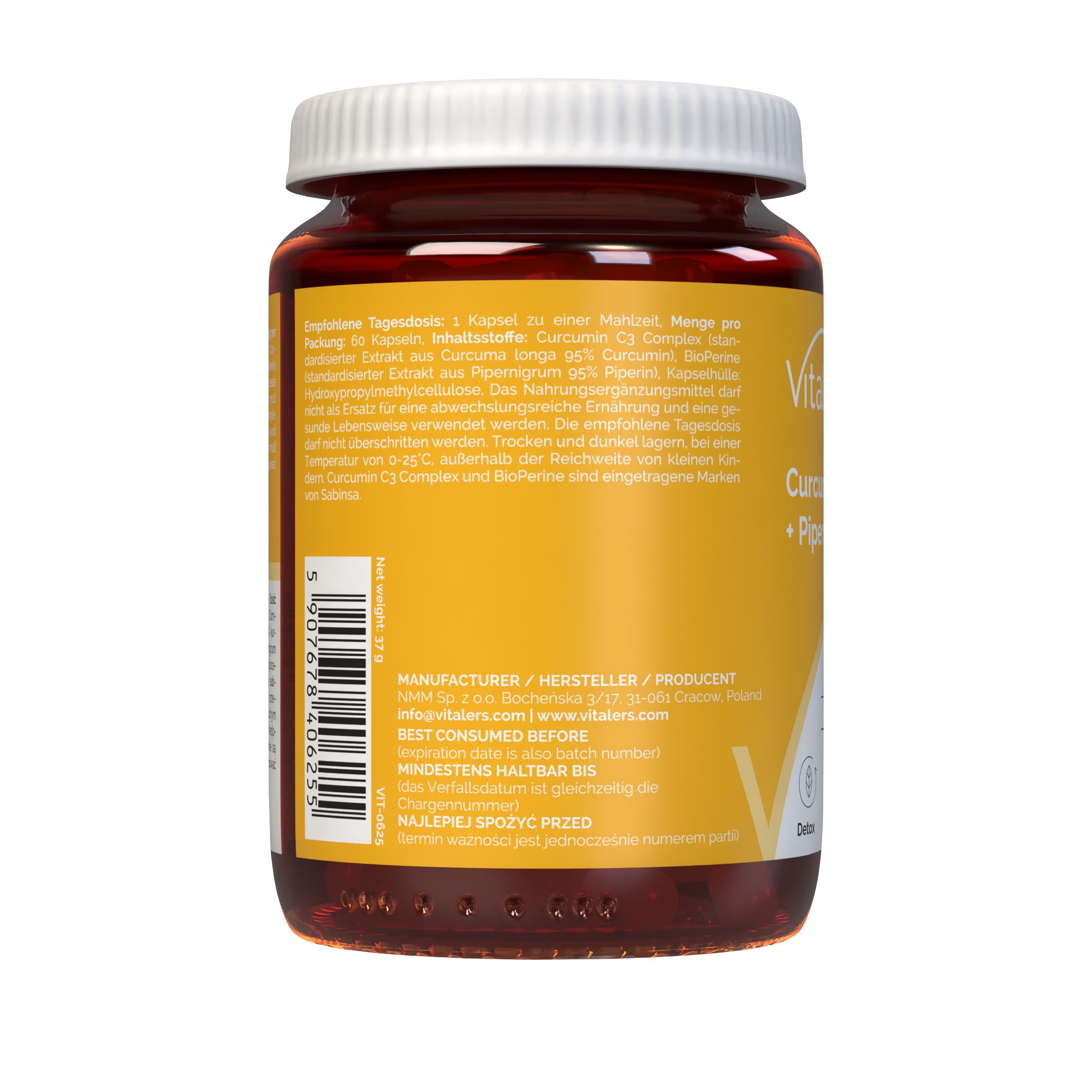 Vitaler's Curcumin + Piperine Kapselbehälter, Rückseite mit Hersteller- und Haltbarkeitsdaten.
