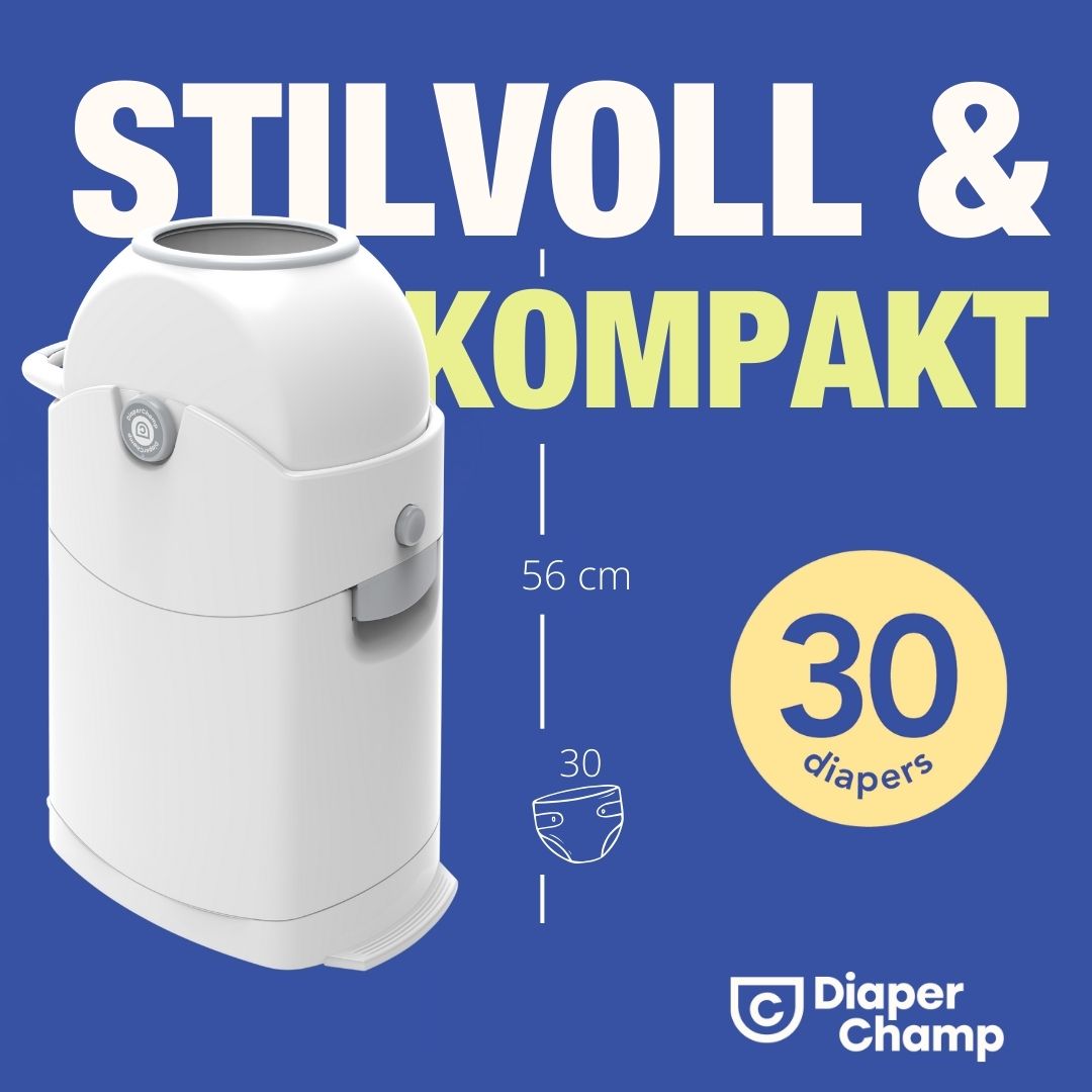 Weißer Windeleimer mit Deckel. Text: STILVOLL & KOMPAKT, 56 cm, 30 diapers. Logo Diaper Champ. Abbildung einer Windel.