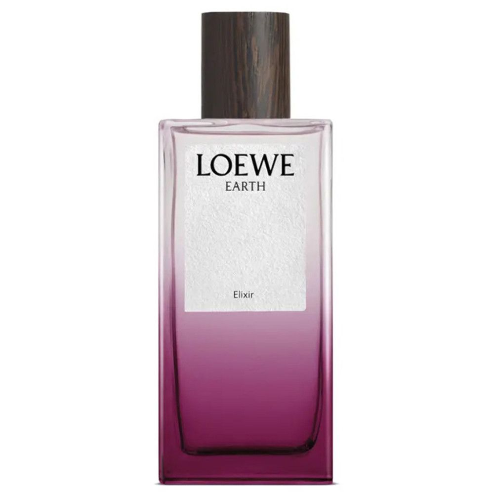 Loewe Earth Elixir Eau de Parfum Flakon. Rechteckiger Flakon mit Farbverlauf und Holzdeckel.