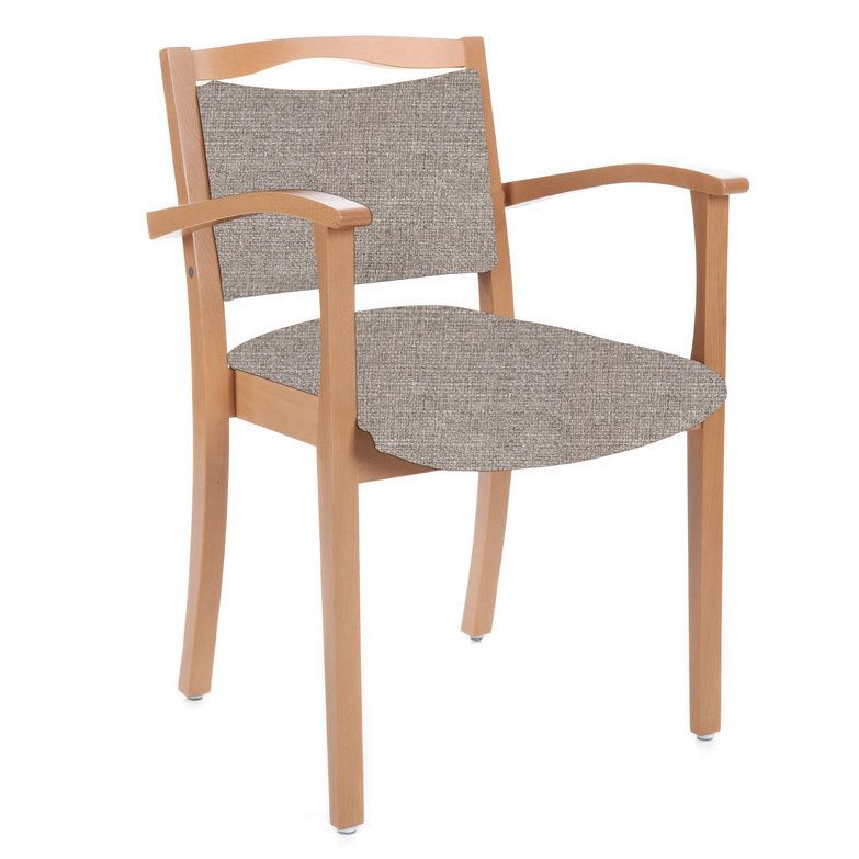 Hüftstuhl mit Armlehnen. Holzrahmen, beiger Stoffbezug. Ansicht von vorne.