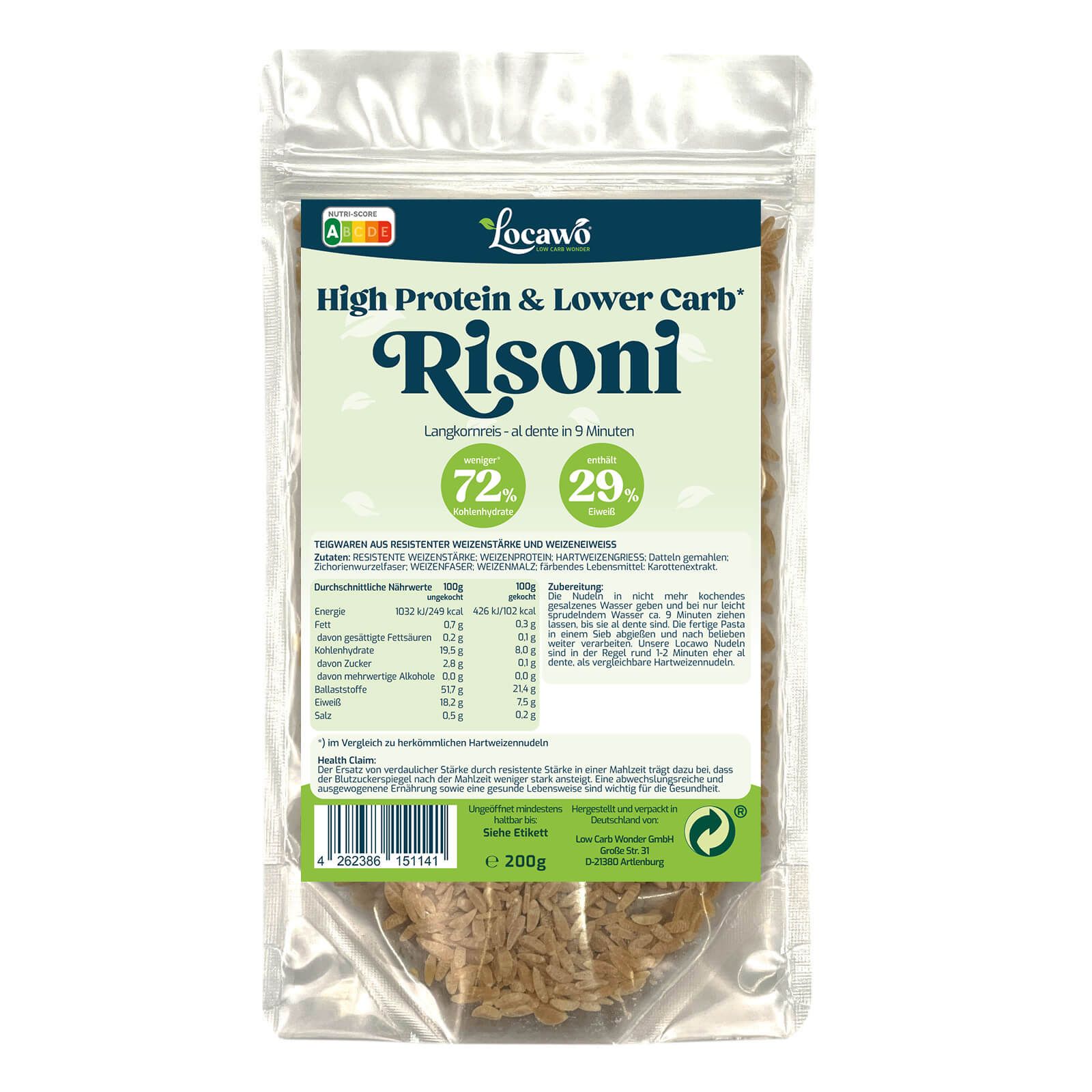 Klarsichtbeutel mit Locawo Risoni. Aufschrift: High Protein & Lower Carb. Enthält 72% Protein, 29% Kohlenhydrate. 200g Packung.