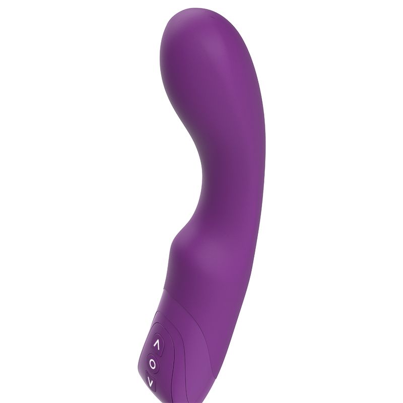 Lila Vibrator mit geschwungener Form. Bedienfeld mit Tasten: O, V.