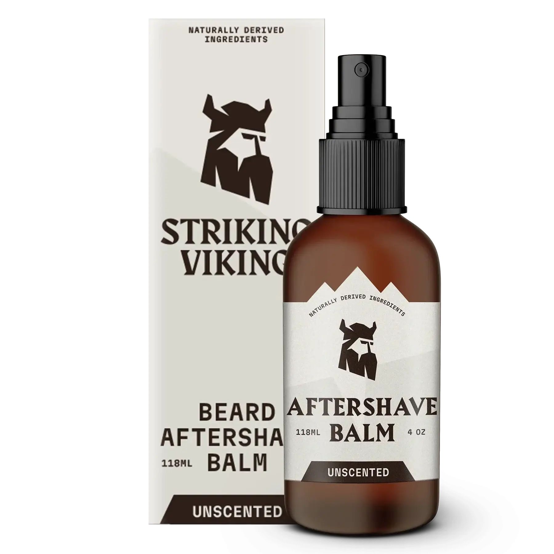 Braune Flasche und Verpackung. Aufschrift: STRIKING VIKING, BEARD AFTERSHAVE BALM, UNSCENTED. Enthält 118ml.