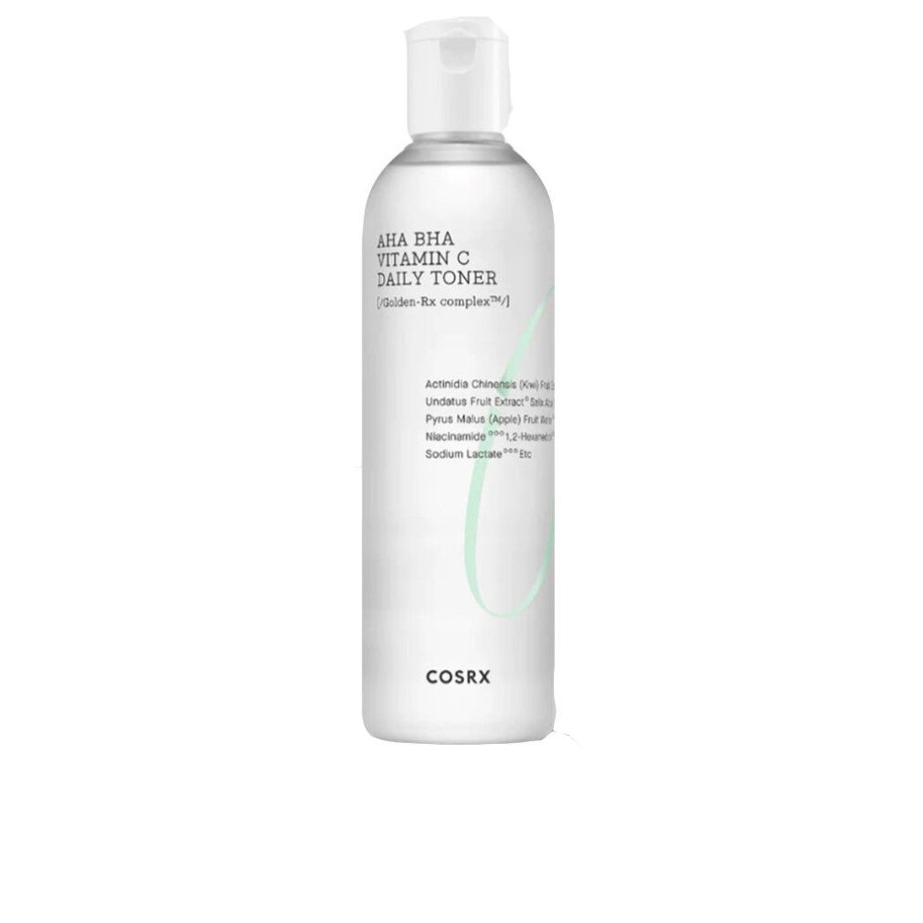 Transparente Flasche mit weißem Deckel. Aufschrift: AHA BHA Vitamin C Daily Toner. Marke: COSRX. Inhaltsstoffe aufgedruckt.