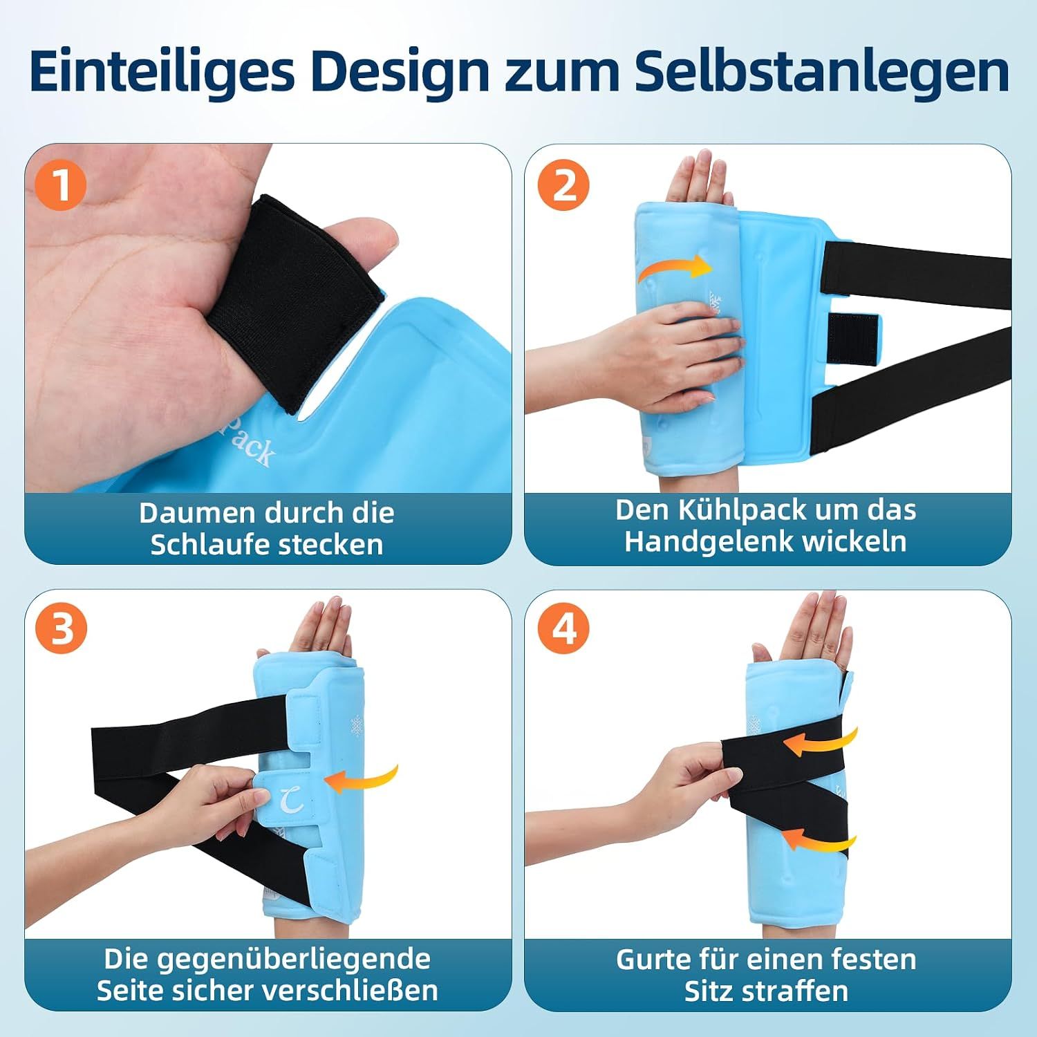 Blaue Handgelenk-Kühlbandage, die für linkes oder rechtes Handgelenk passt.