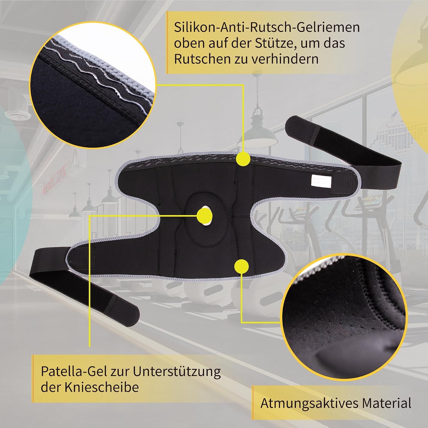 Schwarze Kniebandage mit Patella-Gel-Polster, atmungsaktivem Material und Silikon-Anti-Rutsch-Streifen.