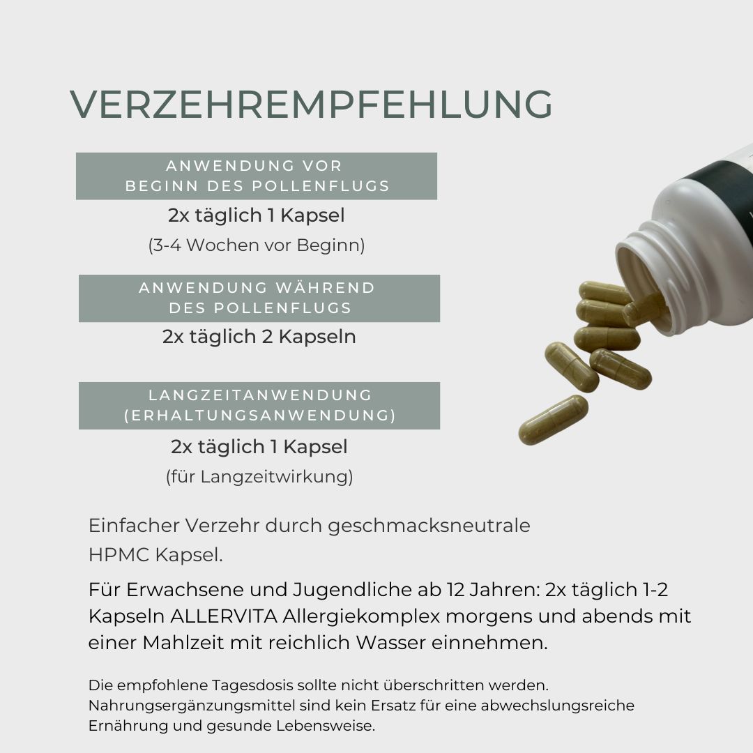 Tablettenflasche mit Kapseln. Text: Anwendung vor Beginn des Pollenflugs, während des Pollenflugs, Langzeitanwendung. Für Erwachsene und Jugendliche.