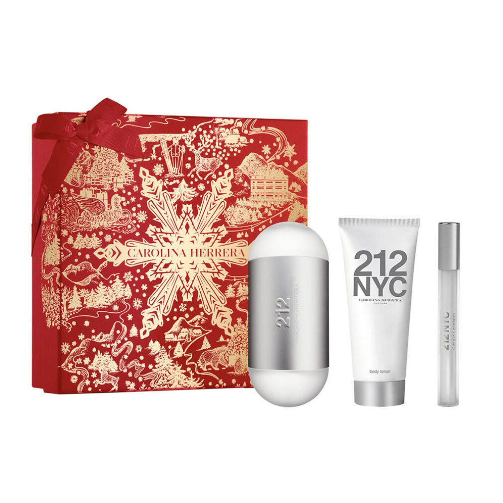 Geschenkset mit drei Produkten. Enthält eine silberne Flasche, eine Tube und eine kleine Flasche. Rote Box mit CAROLINA HERRERA.