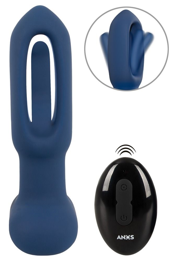Blauer Analplug mit Flicking-Tongue-Funktion und schwarzer Fernbedienung.