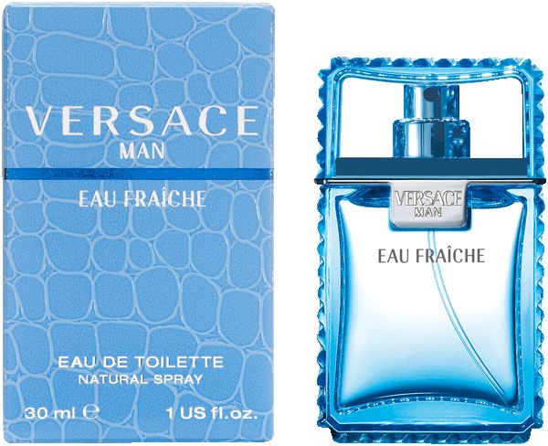 Hellblaues Eau de Toilette Spray und Verpackung. Aufschrift: Versace Man Eau Fraiche. 30 ml.