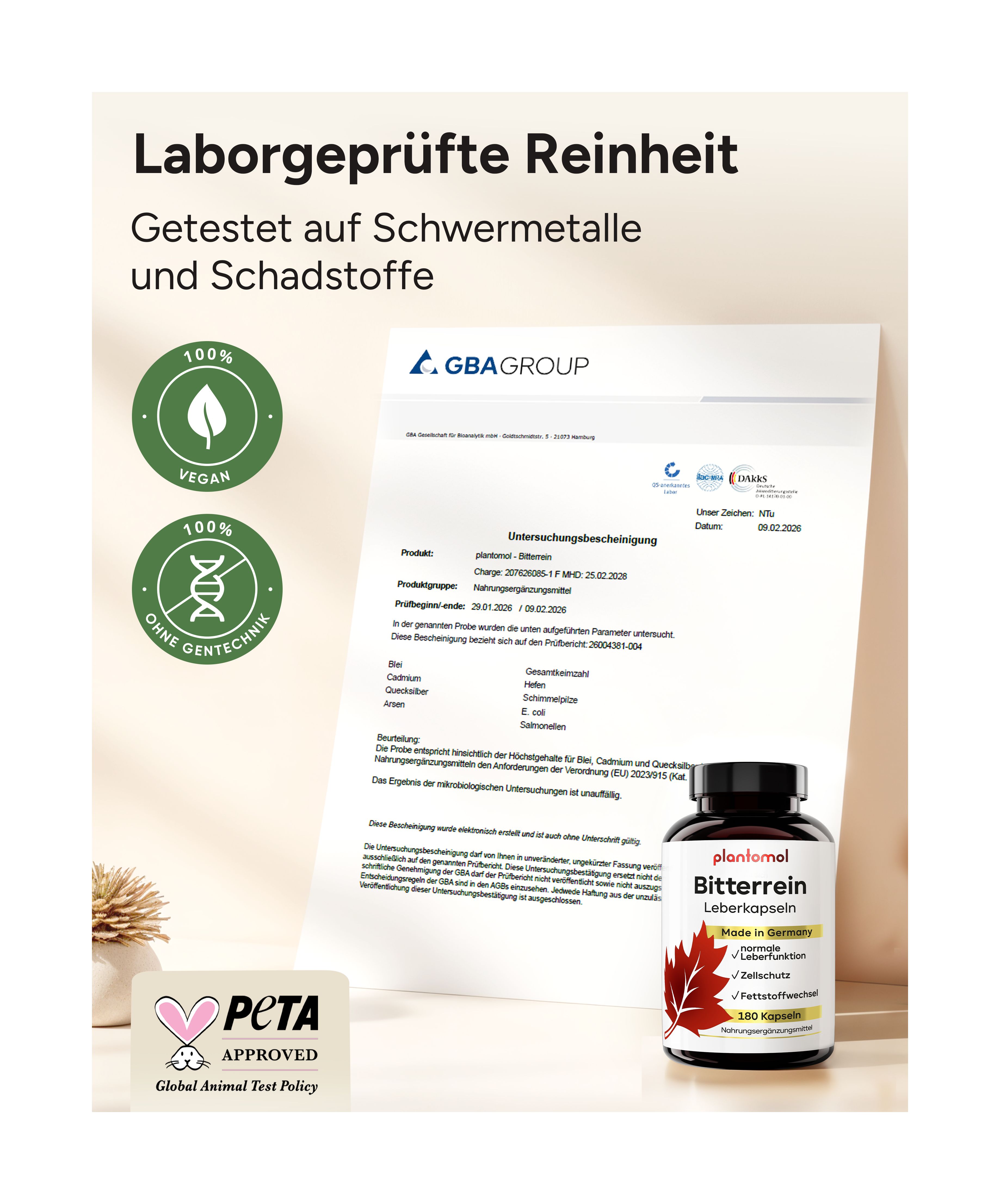 Zertifizierungsdokument und Flasche mit Kapseln. Text: Laborgeprüfte Reinheit. Vegan, ohne Gentechnik, PETA-Siegel.