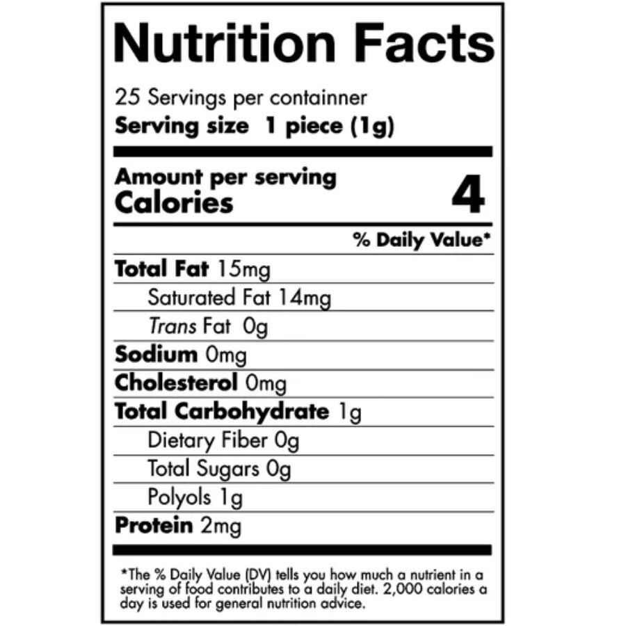 Nährwerttabelle. Angaben pro Portion: 4 Kalorien, 15mg Fett, 1g Kohlenhydrate, 0g Zucker, 1g Polyole, 2mg Protein.