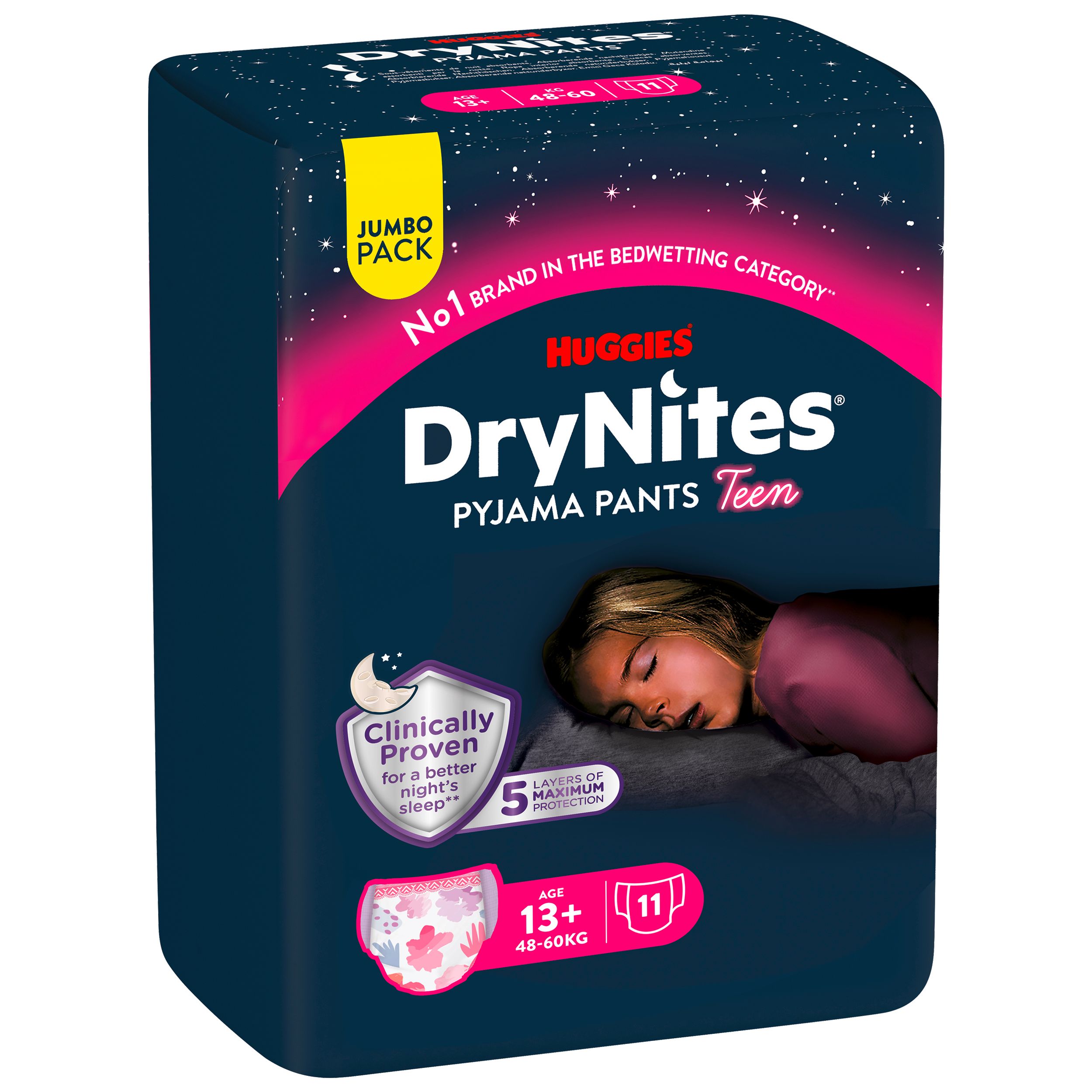 Huggies DryNites Pyjama Pants Teen. Jumbo Pack. Alter 13+, 48-60kg. 11 Stück. 5 Schutzschichten. Klinisch bewiesen.