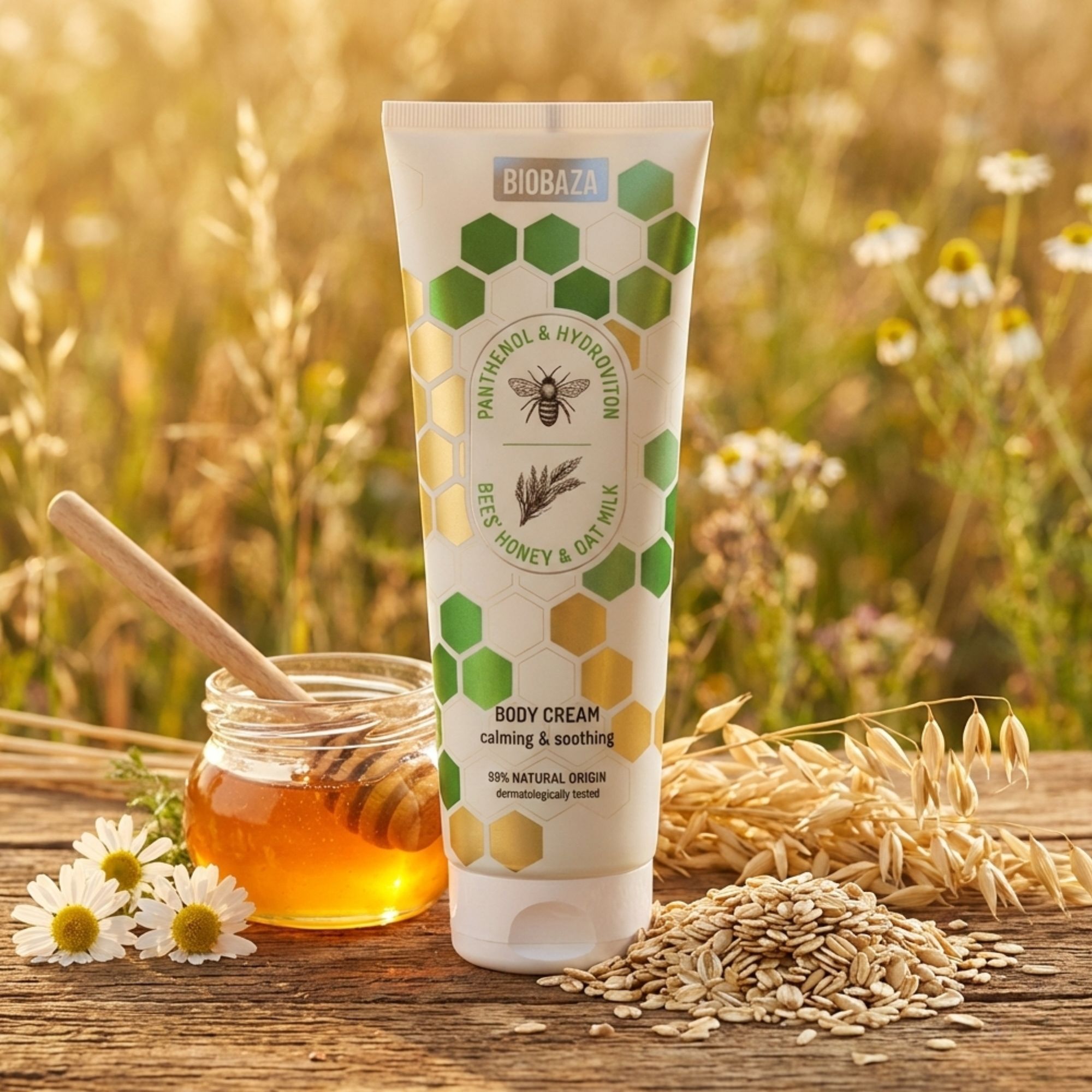 Creme-Tube mit Honig, Hafer und Bienen-Motiv. Daneben Honigglas, Haferkörner und Kamillenblüten auf Holz. Natürliche Inhaltsstoffe.