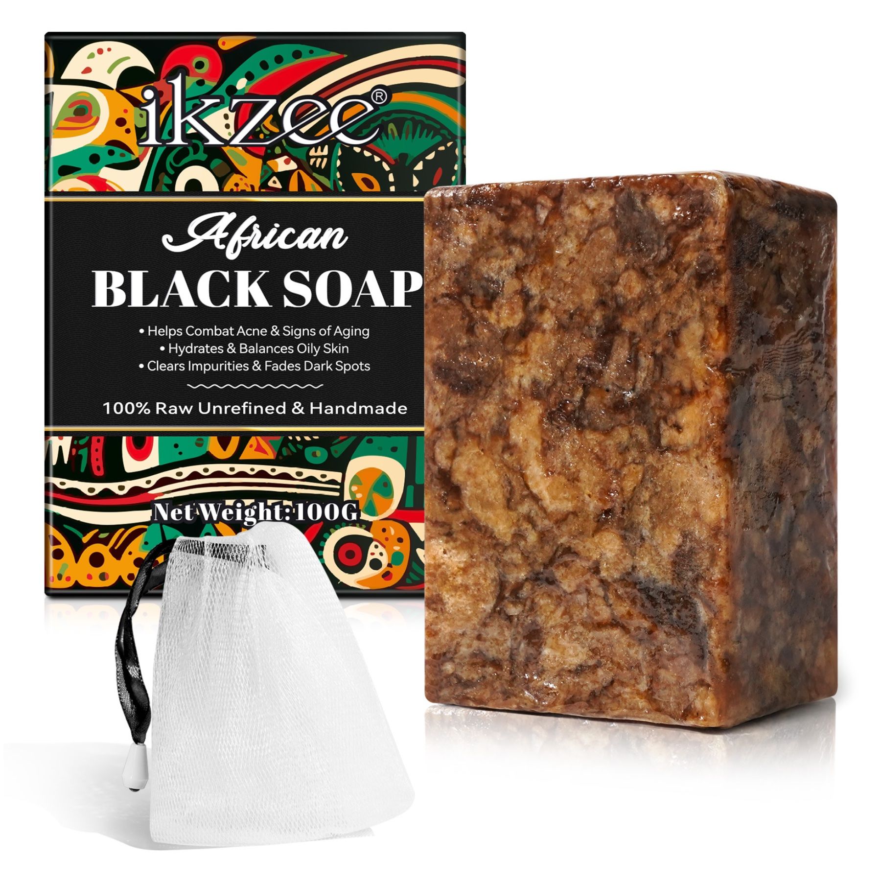 Afrikanische schwarze Seife und Verpackung. Seife in Würfelform, Verpackung mit Produktinformationen und Logo.