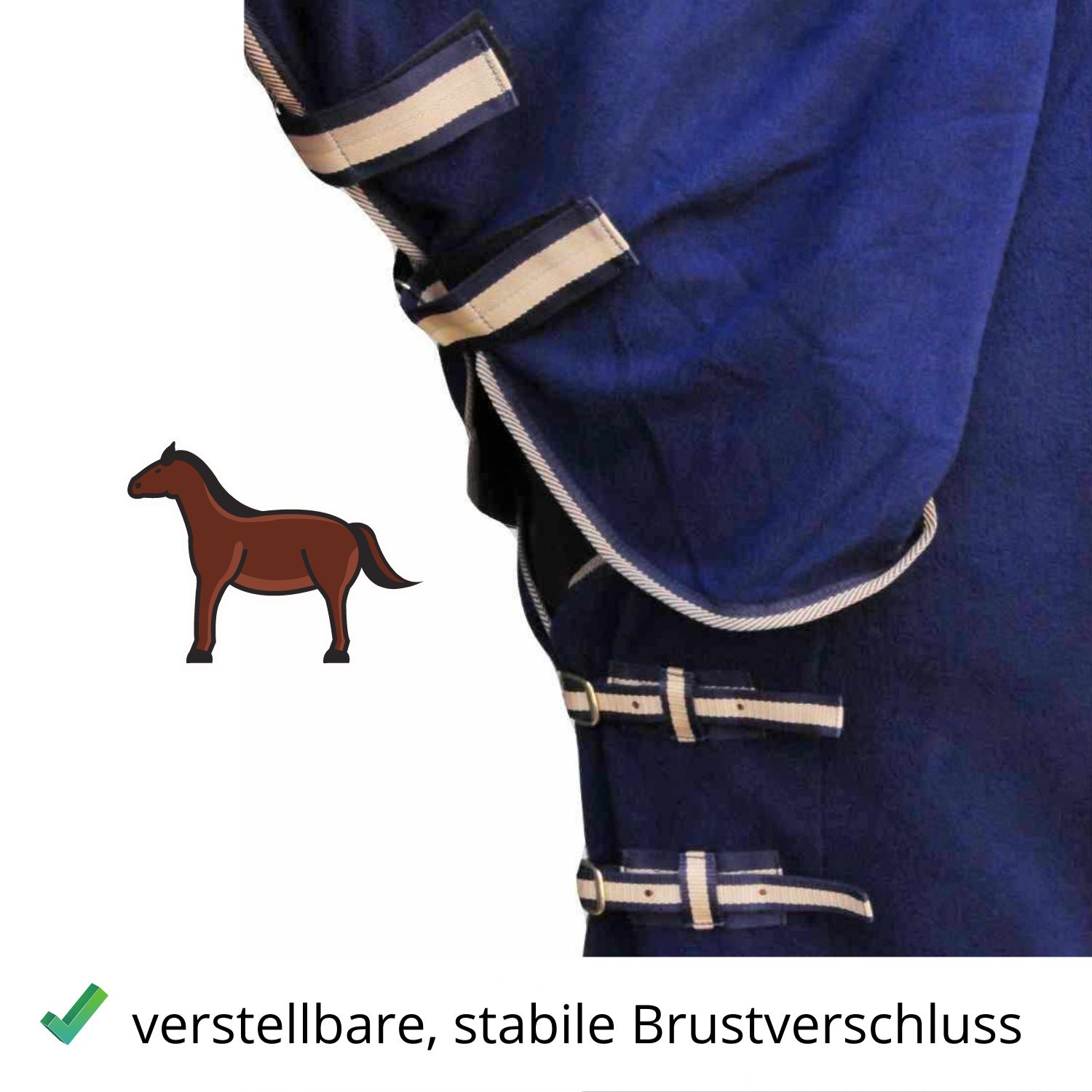 Detail der blauen AMKA Fleecedecke COMBO mit verstellbaren Brustverschlüssen. Beige Details.