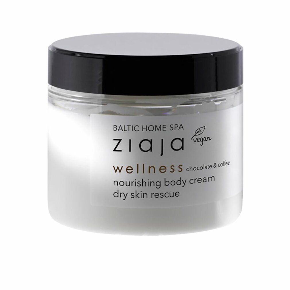 Ziaja Baltic Home Spa Wellness Creme. Glasbehälter mit schwarzem Deckel. Aufschrift: wellness chocolate & coffee, vegan.