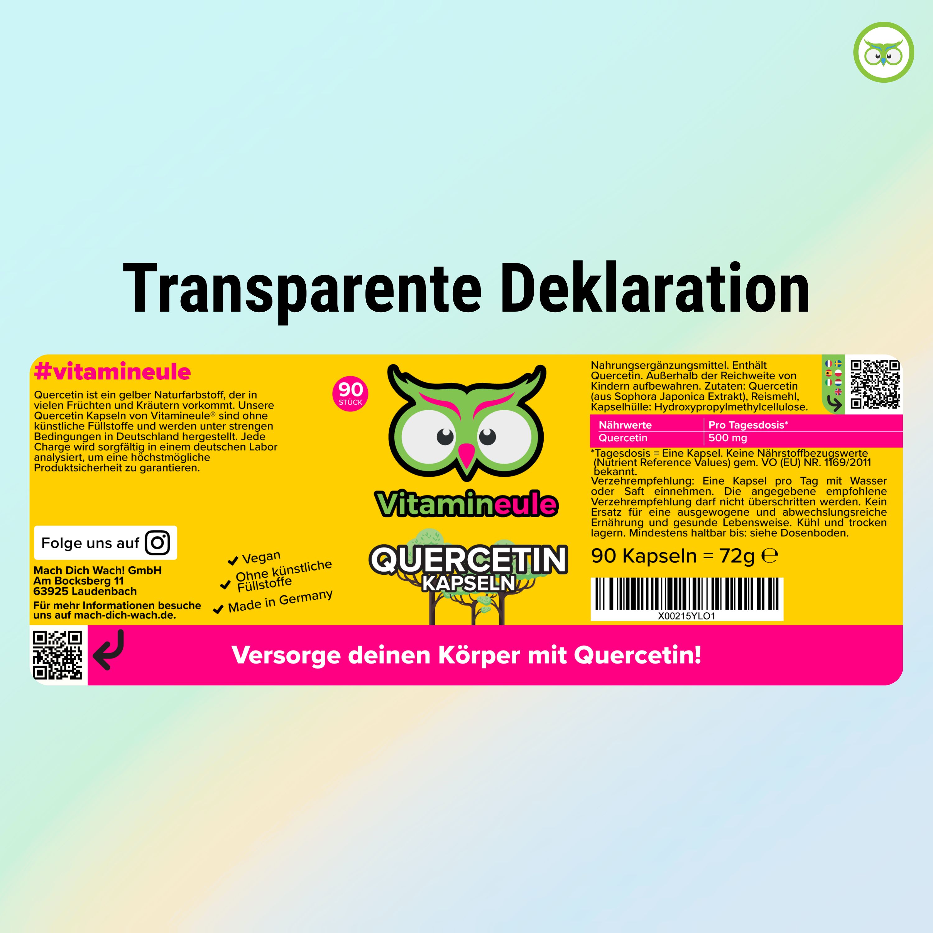 Etikett: Vitamineule Quercetin Kapseln, 90 Stück, 500 mg. Vegan, Made in Germany, ohne künstliche Farbstoffe. Nährwertangaben und Inhaltsstoffe.