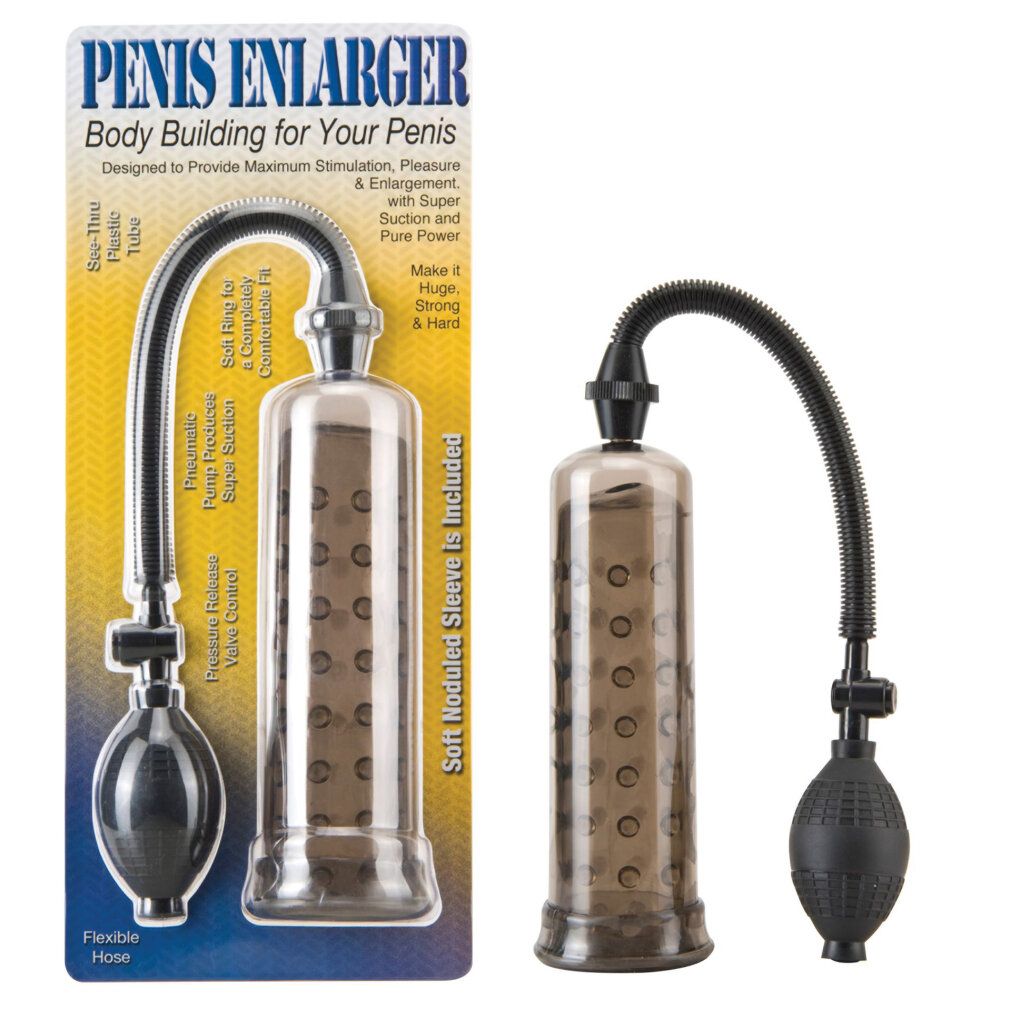 Schwarze Penis Enlarger Potenzpumpe mit flexiblen Schlauch und Pumpe. Auf Verpackung: "Penis Enlarger Body Building for Your Penis".