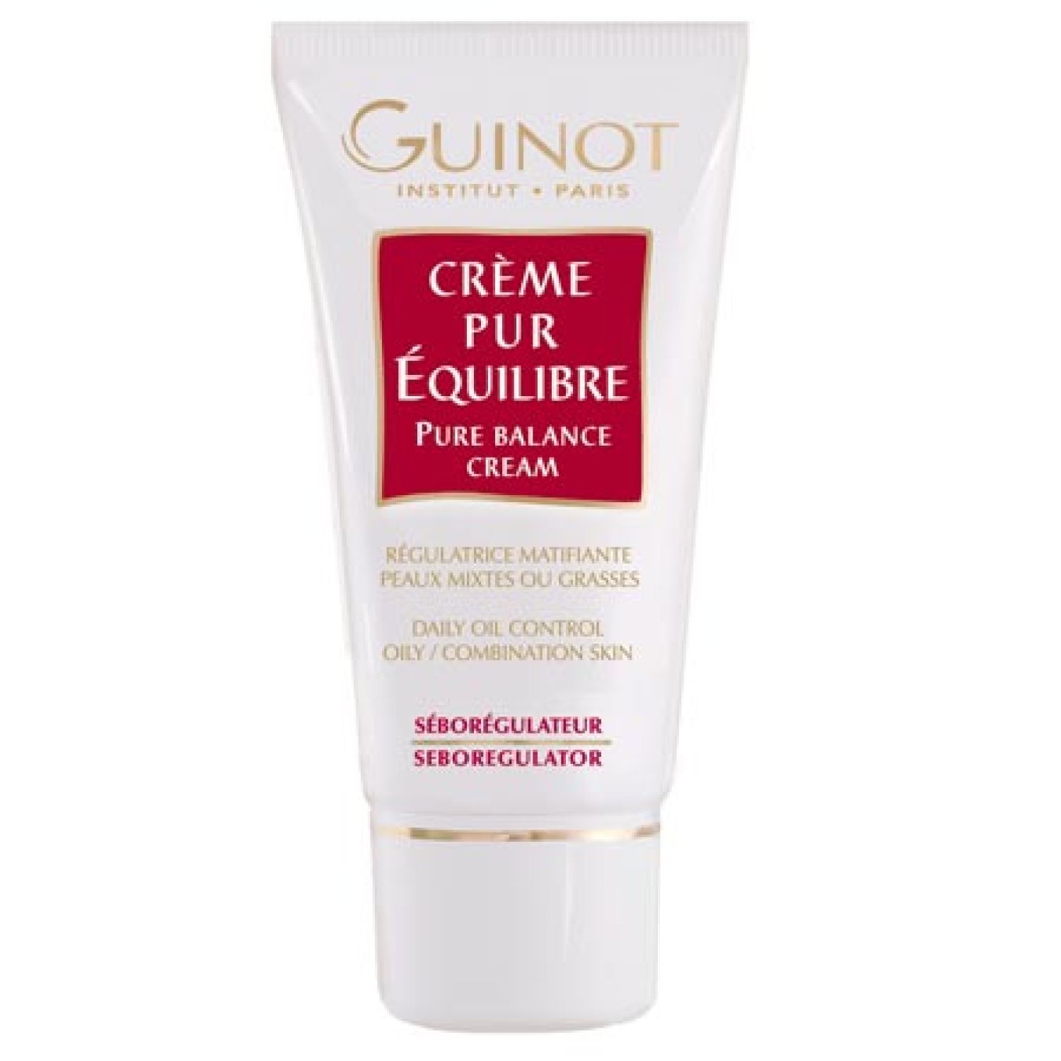Weiß-rote Tube mit Produktnamen und Markennamen. Text: Crème Pur Équilibre, Pure Balance Cream, für Mischhaut.