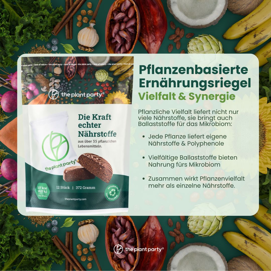 Grafik mit the plant party®-Riegeln und Verpackung. Text: Pflanzenbasierte Ernährungsriegel. Vielfalt & Synergie.