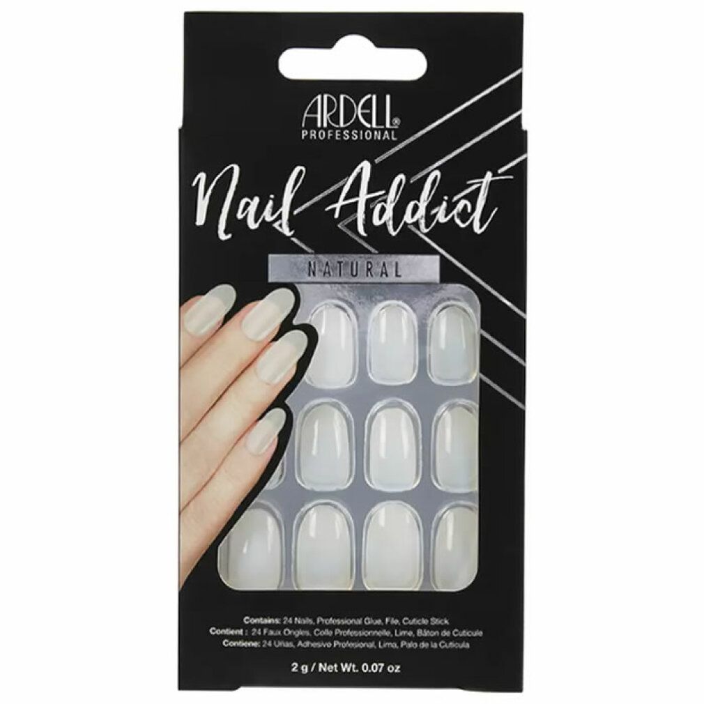 Ardell Nail Addict Natural Oval False Nails. Schwarze Verpackung mit Produktabbildung. 24 künstliche Nägel, Kleber, Nagelfeile.