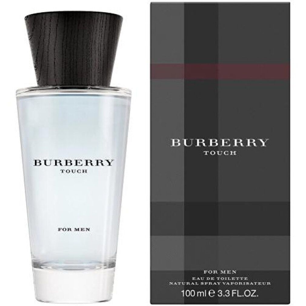 Burberry Touch for Men Flakon und Verpackung. Transparente Flasche mit blauem Inhalt. Schwarzer Deckel. Verpackung mit Logo.