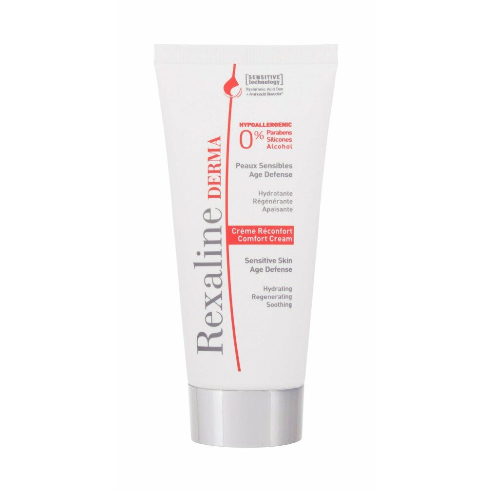 Weiße Tube mit silbernem Deckel. Aufschrift: Rexaline Derma, Crème Réconfort, Sensitive Skin Age Defense, 0% Parfums, Silikone, Alkohol.