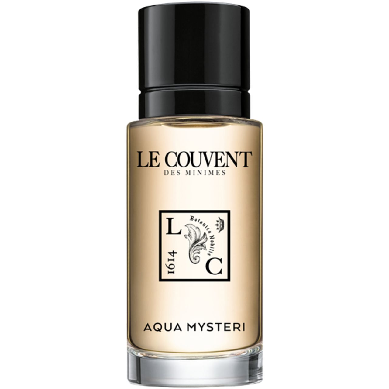 Parfümflakon mit schwarzem Verschluss. Aufschrift: Le Couvent des Minimes, Aqua Mysteri.